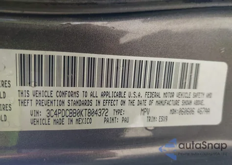 2019 Dodge Journey Se from USA, damaged, VIN 3C4PDCBB0KT804372